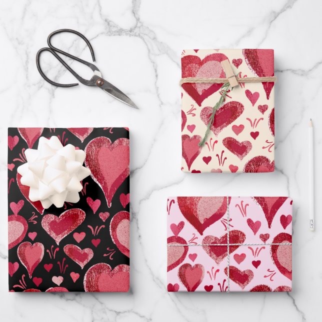 Red Hearts Pattern Drawing Valentine`s Day Wrapping Paper Sheets (Front)