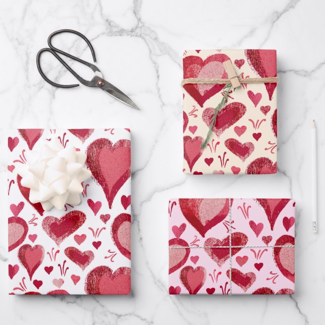 Red Hearts Pattern Drawing Valentine`s Day  Wrapping Paper Sheets (Front)