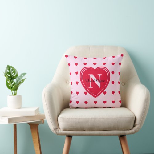 Red Hearts Pattern Heart Monogram Pink Throw Pillow