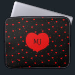 Red Hearts Pattern Laptop Sleeve<br><div class="desc">Cute red hearts seamless pattern with black background. Large red heart and custom monogram.</div>