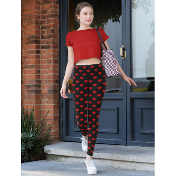Red Hearts Pattern Love Black Fashion Yoga Workout Leggings by iCoolCreate at Zazzle