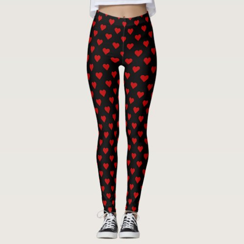 Red Hearts Pattern Love Black Fashion Yoga Workout Leggings