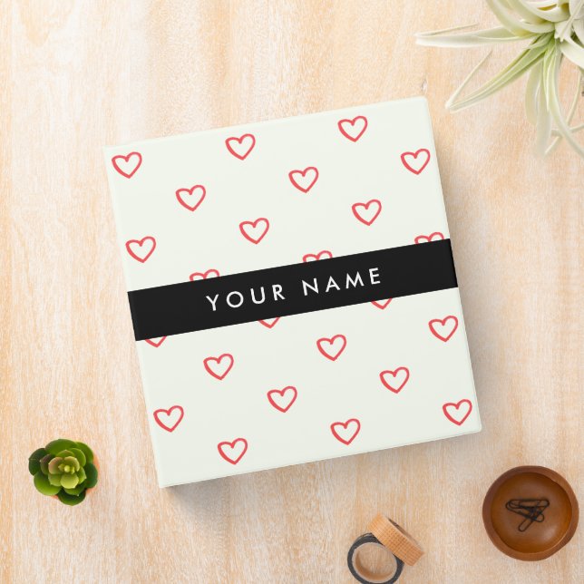 Red Hearts Pattern, Love, Your Name, Personalise 3 Ring Binder (In Situ)