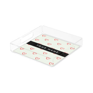 Red Hearts Pattern, Love, Your Name, Personalise Acrylic Tray
