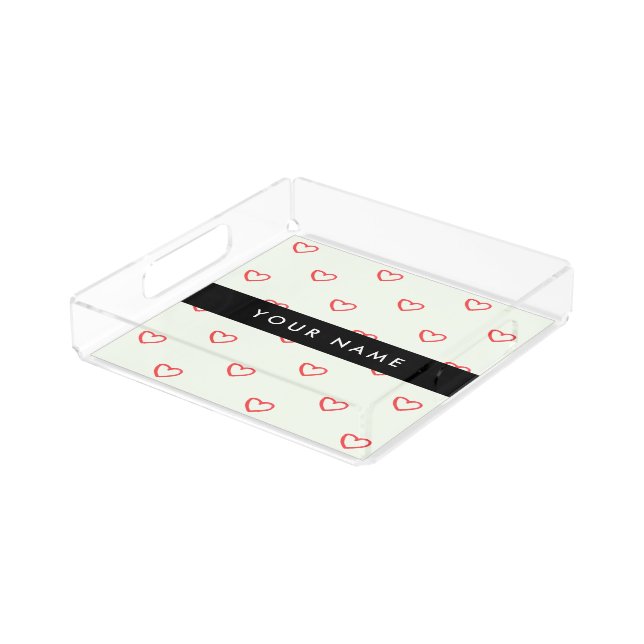 Red Hearts Pattern, Love, Your Name, Personalise Acrylic Tray (Angled)