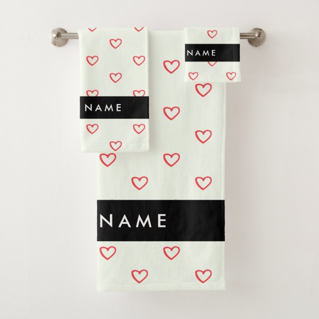 Red Hearts Pattern, Love, Your Name, Personalise Bath Towel Set (Insitu)
