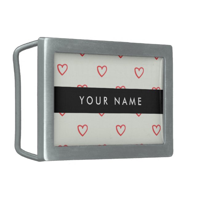 Red Hearts Pattern, Love, Your Name, Personalise Belt Buckle (Front Left)
