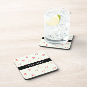 Red Hearts Pattern, Love, Your Name, Personalise Beverage Coaster