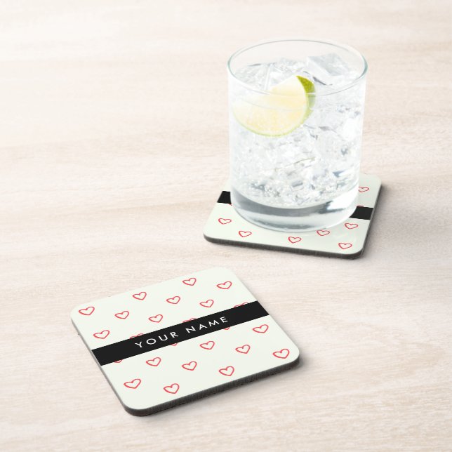 Red Hearts Pattern, Love, Your Name, Personalise Beverage Coaster (Right Side)