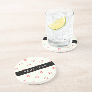 Red Hearts Pattern, Love, Your Name, Personalise Coaster