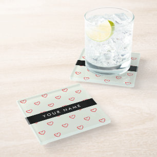 Red Hearts Pattern, Love, Your Name, Personalise Glass Coaster