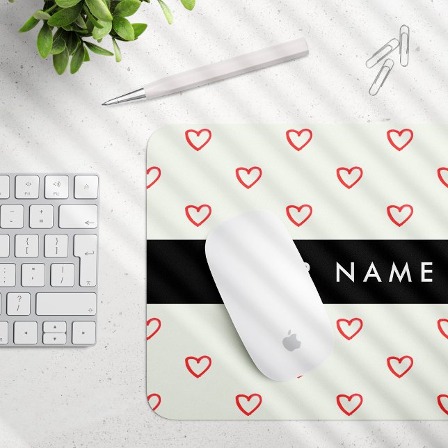 Red Hearts Pattern, Love, Your Name, Personalise Mouse Pad (Creator Uploaded)