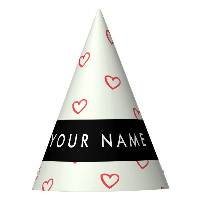 Red Hearts Pattern, Love, Your Name, Personalise Party Hat (Front)
