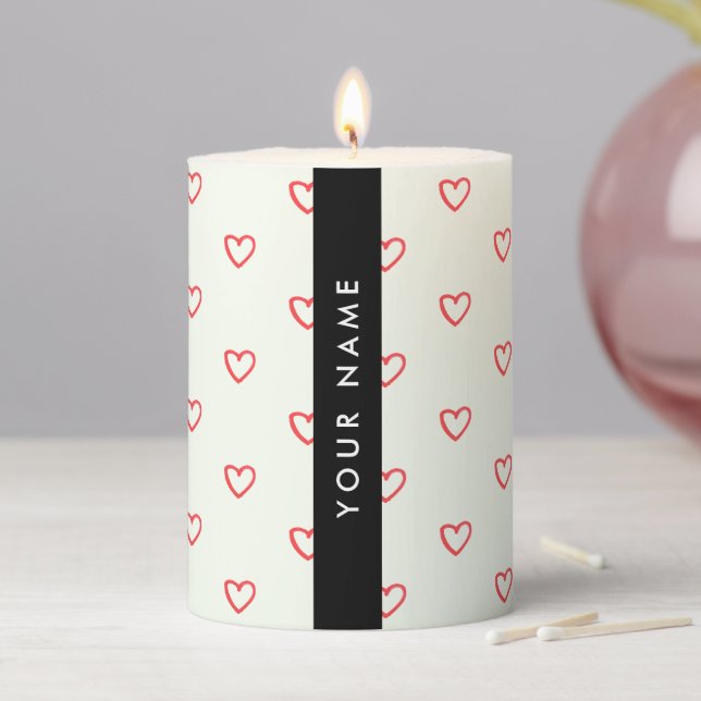 Red Hearts Pattern, Love, Your Name, Personalise Pillar Candle (In Situ)