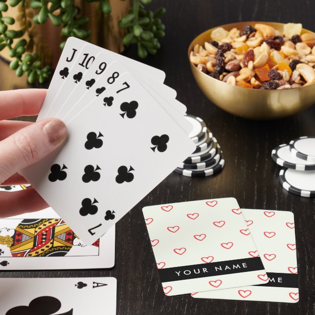 Red Hearts Pattern, Love, Your Name, Personalise Poker Cards (In Situ)