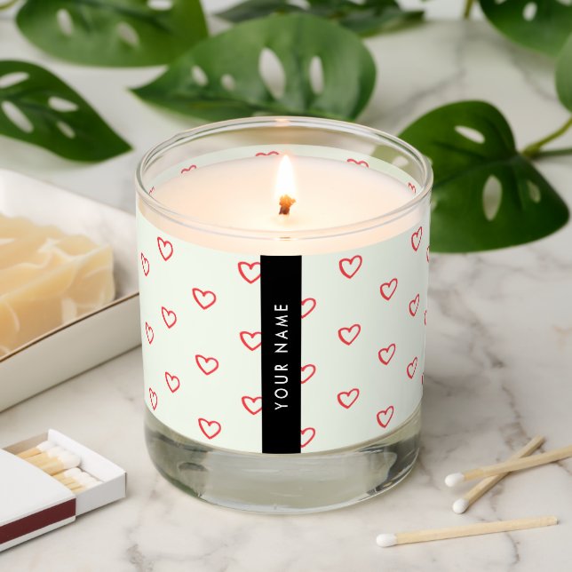 Red Hearts Pattern, Love, Your Name, Personalise Scented Candle (Lit)
