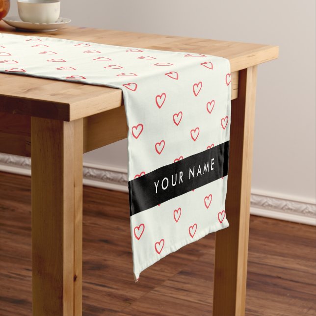 Red Hearts Pattern, Love, Your Name, Personalise Short Table Runner (In Situ)