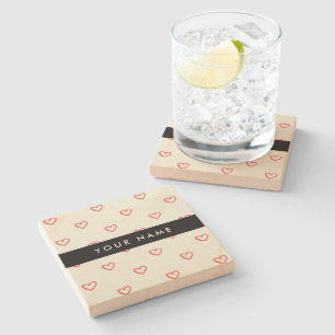 Red Hearts Pattern, Love, Your Name, Personalise Stone Coaster