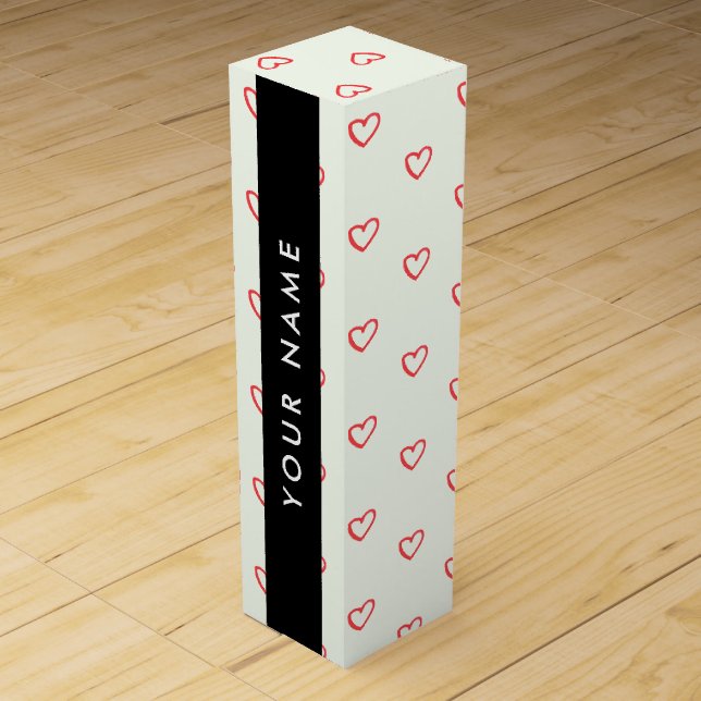 Red Hearts Pattern, Love, Your Name, Personalise Wine Box (Front)