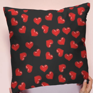 Red Hearts pattern on Black cute romance Throw Pillow