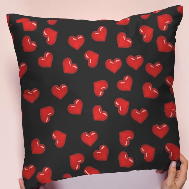 Red Hearts pattern on Black cute romance Throw Pillow (Creator Uploaded)