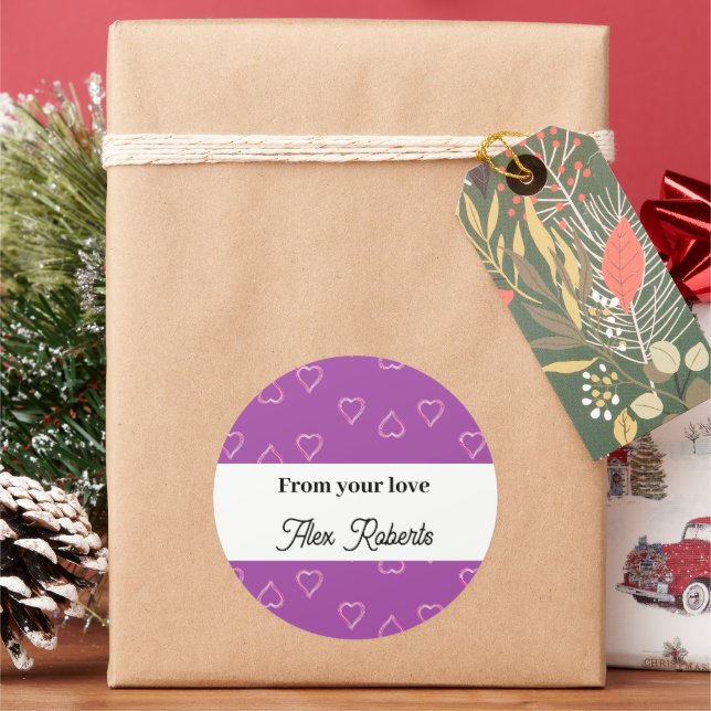 Red hearts pattern on purple classic round sticker (Holiday)