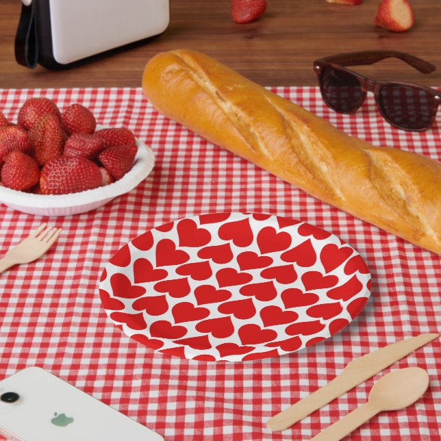 Red Hearts Pattern, Romantic, Love Paper Plates (Picnic)