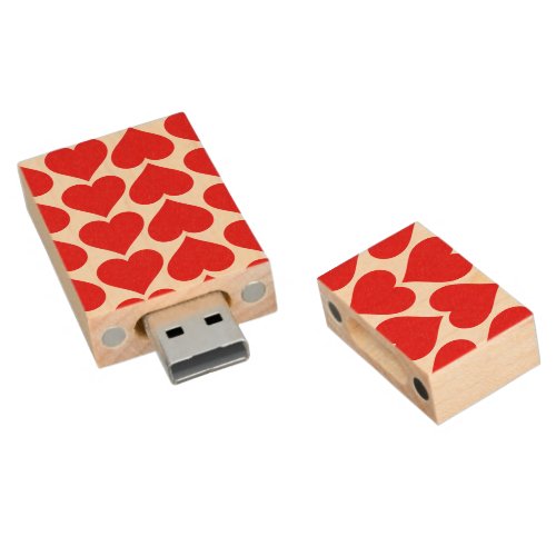 Red Hearts Pattern Romantic Love Wood Flash Drive
