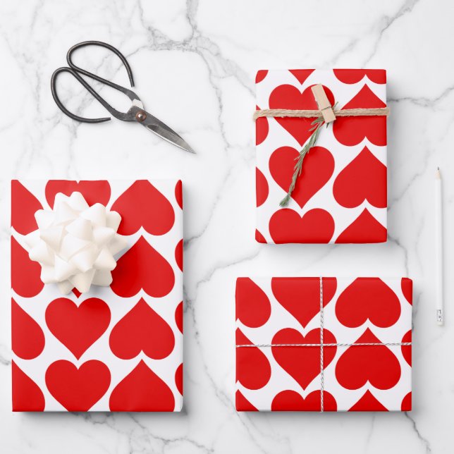 Red Hearts Pattern, Romantic, Love Wrapping Paper Sheets (Front)