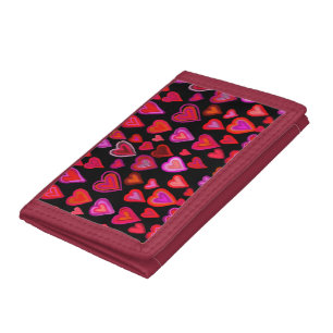 red hearts pattern trifold wallet
