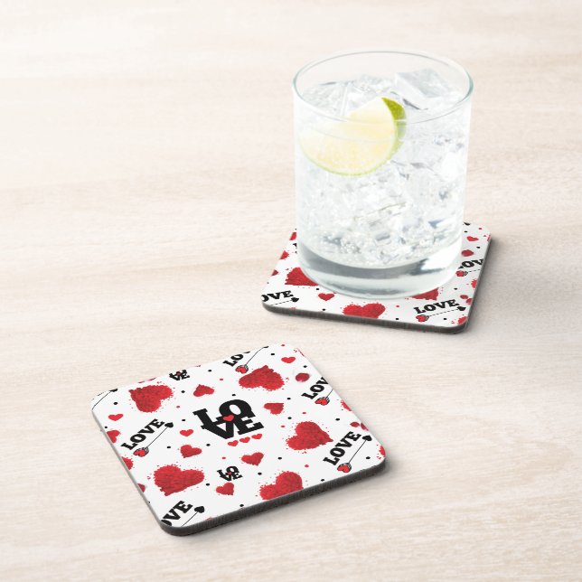 Red Hearts Pattern Valentine's Day Beverage Coaster (Right Side)