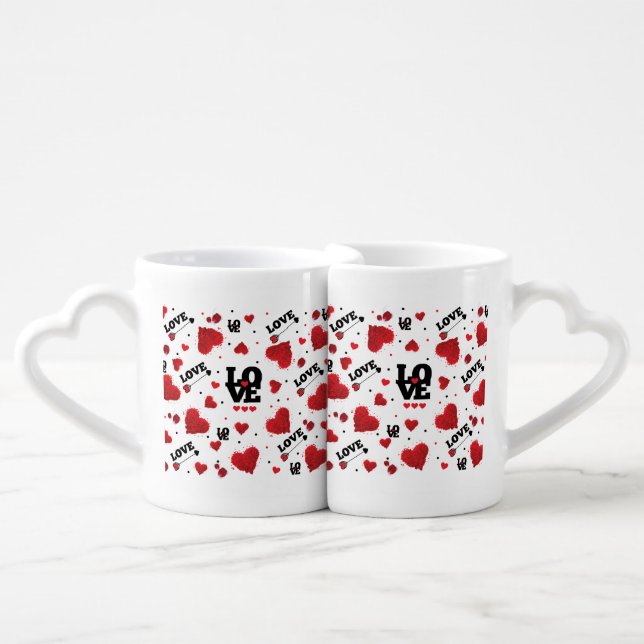 Red Hearts Pattern Valentine's Day Coffee Mug Set (Front Nesting)
