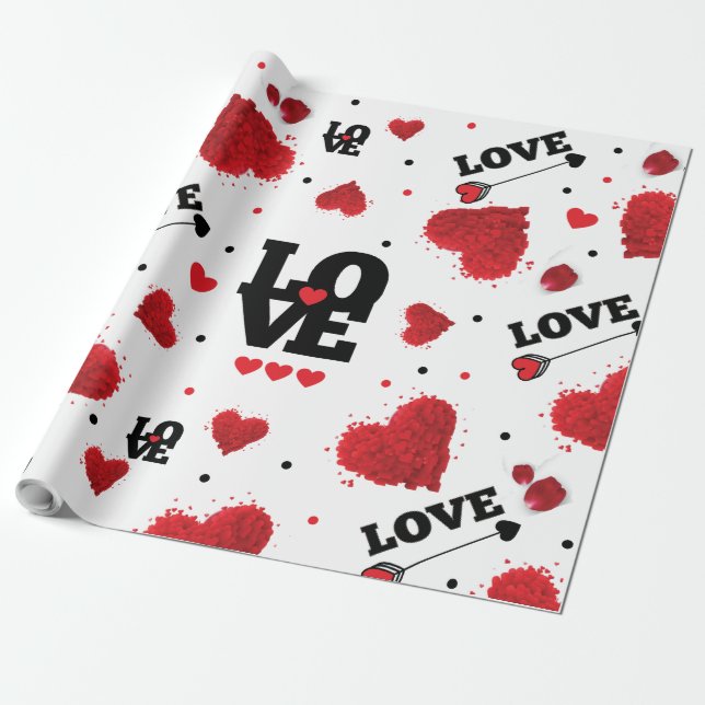 Red Hearts Pattern Valentine's Day Wrapping Paper (Unrolled)