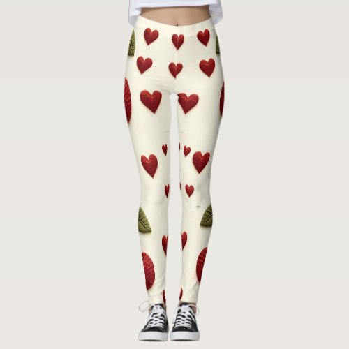Red Hearts Pattern White Leggings - Romantic Valen
