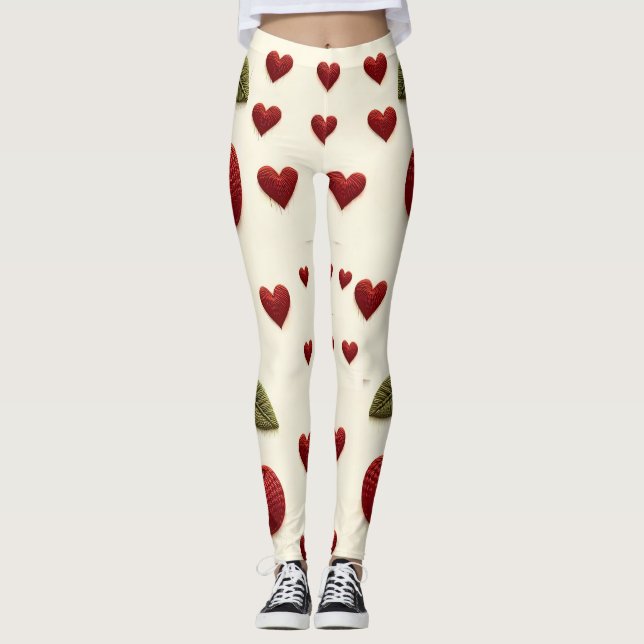 Red Hearts Pattern White Leggings - Romantic Valen (Front)