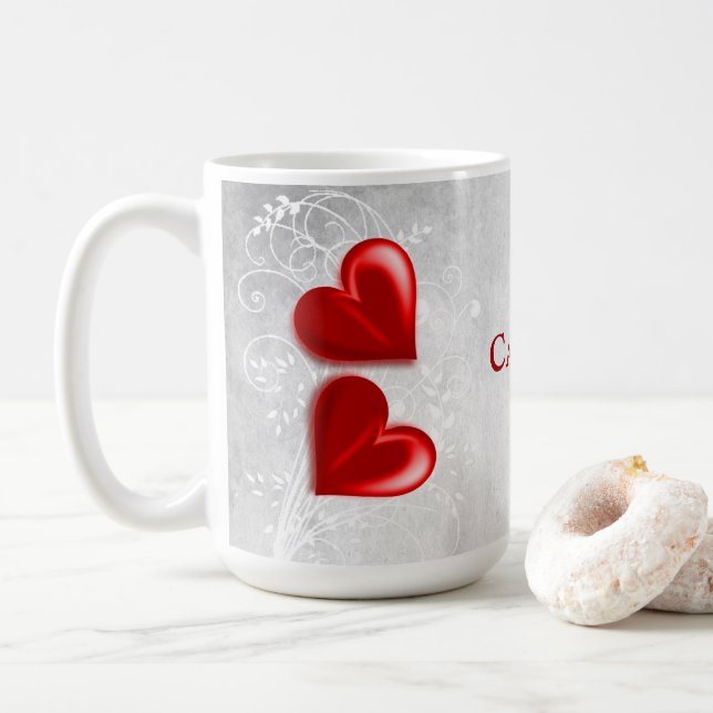 Red Hearts Personalized Coffee Mug (With Donut)