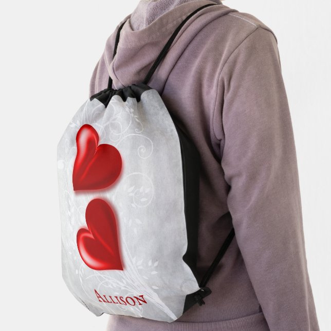 Red Hearts Personalized Drawstring Bag (Insitu)