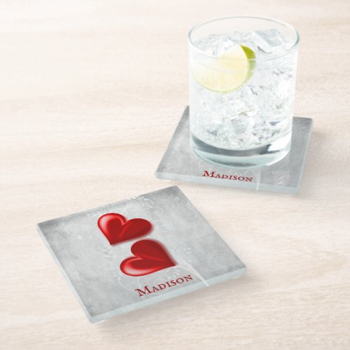 Red Hearts Personalized Glass Coaster