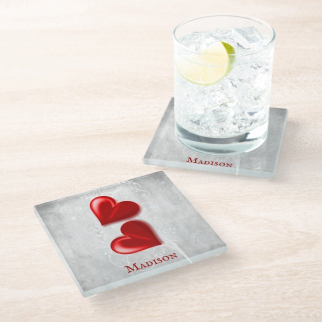 Red Hearts Personalized Glass Coaster (Angled)