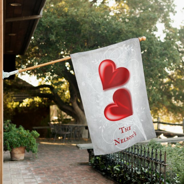 Red Hearts Personalized House Flag (In SItu)