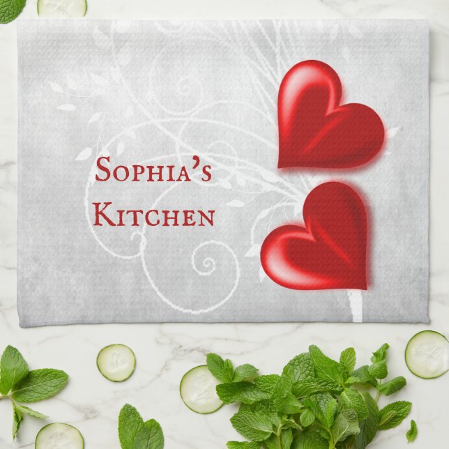 Red Hearts Personalized Kitchen Towel (Folded)
