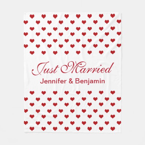 Red Hearts Personalized Names Just Married Wedding Fleece Blanket