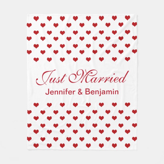 Red Hearts Personalized Names Just Married Wedding Fleece Blanket (Front)