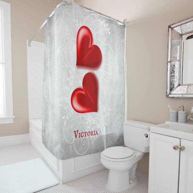 Red Hearts Personalized Shower Curtain (In Situ)