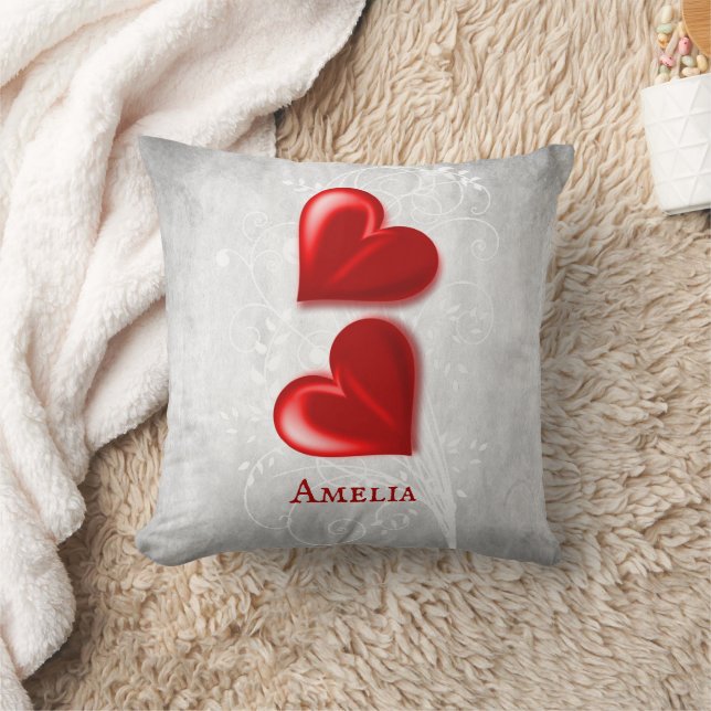 Red Hearts Personalized Throw Pillow (Blanket)