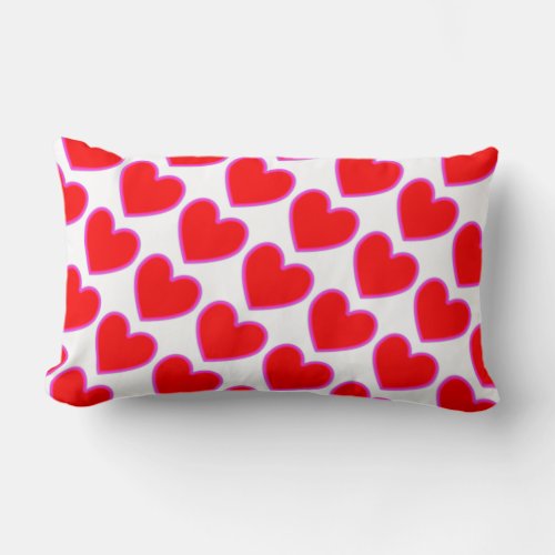 Red Hearts Pink Border Repeating Pattern White Lumbar Pillow