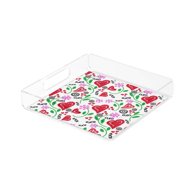 Red Hearts Pink Flowers Acrylic Tray (Angled)