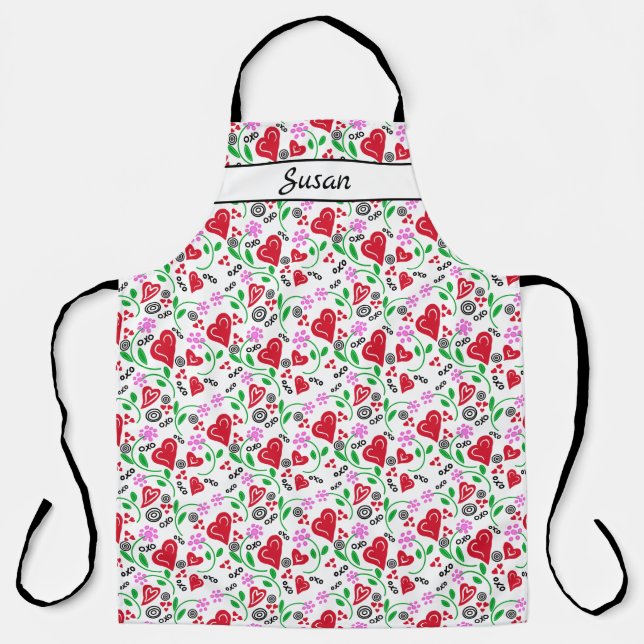 Red Hearts Pink Flowers All-Over Print Apron (Front)