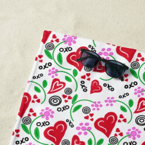 Red Hearts Pink Flowers Beach Towel