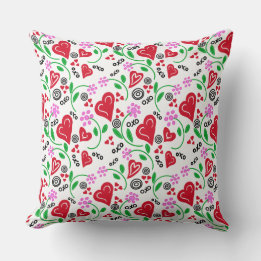 Red Hearts Pink Flowers Throw Pillow
